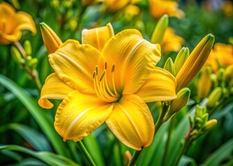 Obraz premium Vibrant yellow daylily Stella de Oro blooms in a lush green garden, its trumpet-shaped petals and delicate texture capturing the beauty of a summer day.