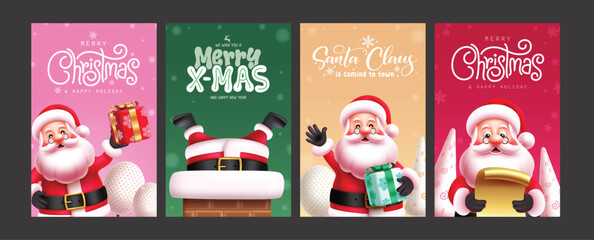 Christmas card santa claus vector poster design. Christmas greetings card with santa claus holding git box, smiling, waving and reading wish list in colorful template collection. Vector illustration 
