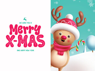 Christmas reindeer character vector template design. Reindeer character holding candy cane in winter background with white board space for xmas greeting. Vector illustration holiday season card 