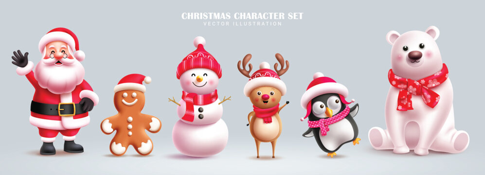 Christmas characters vector set banner design. Santa claus, ginger bread, snowman, reindeer, penguin and polar bear christmas cute character collection in isolated background. Vector illustration