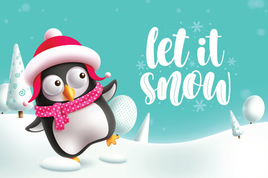 Christmas penguin character vector design. Let it snow greeting text with cute bird penguin character in snow winter background for christmas seasonal design. Vector illustration holiday season card 