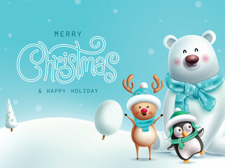 Christmas greeting card vector banner design. Merry christmas and happy holiday greeting text with polar bear, reindeer and penguin characters in snow winter background. Vector illustration happy  © Zeinous