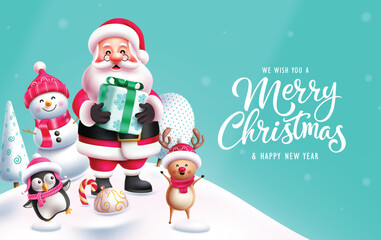 Christmas characters santa claus vector design. Merry christmas greeting text with santa holding gift box, snowman, penguin and reindeer cute characters in snow winter background. Vector illustration  © Zeinous