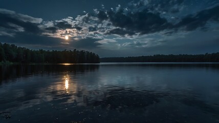  tranquil lake scene at night with a full moon