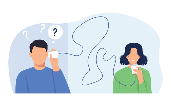 Miscommunication concept illustration. Miscommunicate unclear message and information concept. Businesswoman talking through messy chaos, tangled phone line make other confused.