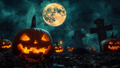 Fototapeta premium Spooky Halloween night, pumpkin glowing, evil celebration, horror generated by AI