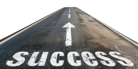 Road to success concept, the word "success" and arrow painted on the straight asphalt road, isolated on transparent background