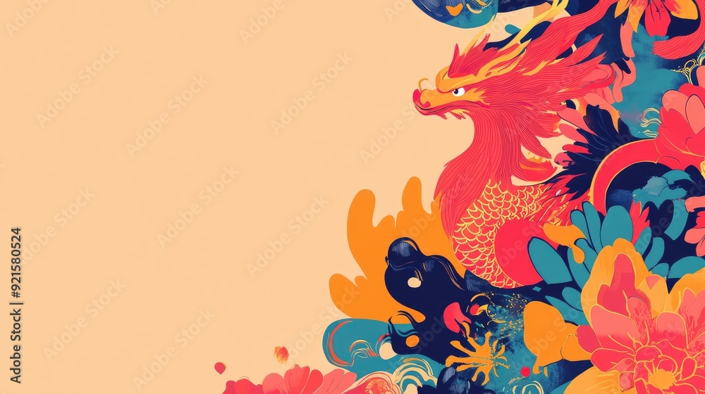 Fototapete colorful abstract design featuring auspicious creatures such as the phoenix, turtle, and dragon, wit