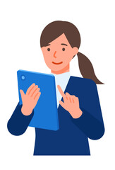 Working Woman. Concept for Problem Solving. Woman cartoon character. People face profiles avatars and icons. Close up image of tablet Woman.