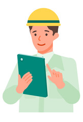 Working man. Concept for Problem Solving. Man cartoon character. People face profiles avatars and icons. Close up image of tablet man.