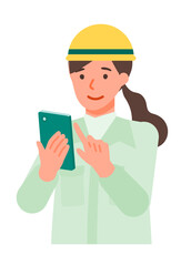 Working Woman. Concept for Problem Solving. Woman cartoon character. People face profiles avatars and icons. Close up image of smartphone Woman.