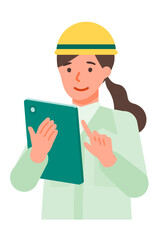 Working Woman. Concept for Problem Solving. Woman cartoon character. People face profiles avatars and icons. Close up image of tablet Woman.