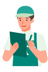 Working man. Concept for Problem Solving. Man cartoon character. People face profiles avatars and icons. Close up image of man writing.