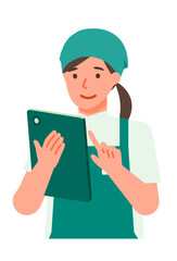 Working Woman. Concept for Problem Solving. Woman cartoon character. People face profiles avatars and icons. Close up image of tablet Woman.