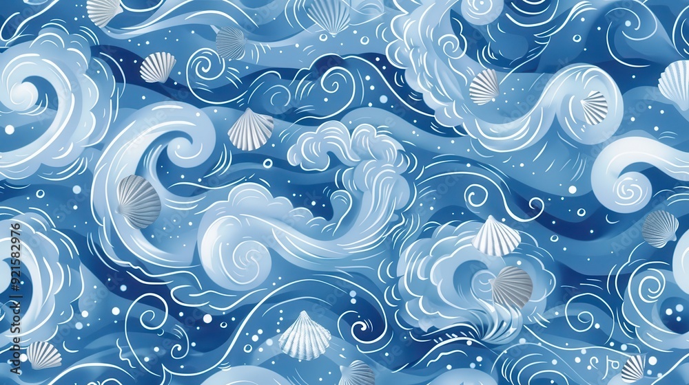 Wall mural colorful waves and seashells create a lively ocean pattern filled with motion and energy