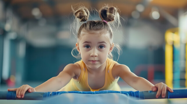 Beautiful Little Girl on Parallel Bars: Young girl performing gymnastics on parallel bars in a gym