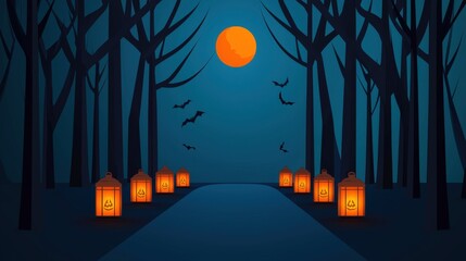 A spooky woodland trail dotted with bright lanterns