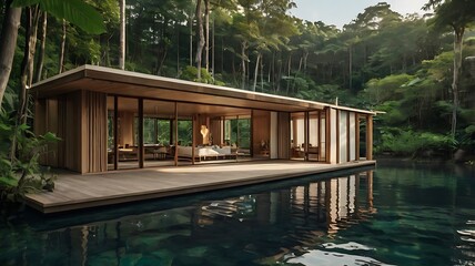 Fototapeta premium modern, wooden house with large windows sits