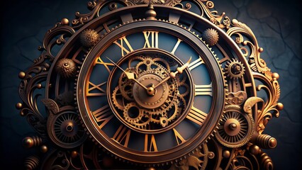 Obraz premium Analog clock with intricately carved Roman numerals and ornate gears showcased against a contrasting dark background, evoking a sense of vintage elegance and precision.