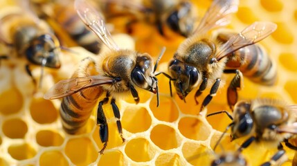 Bees buzz from flower to flower, pollinating plants and producing honey in intricate hive societies.