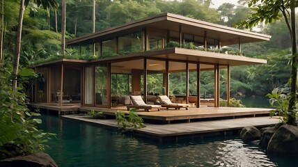 Obraz premium modern, wooden house with large windows sits