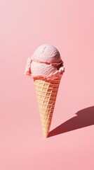 A minimalistic composition features a single homemade ice cream cone, casting a geometric shadow against a simple background.