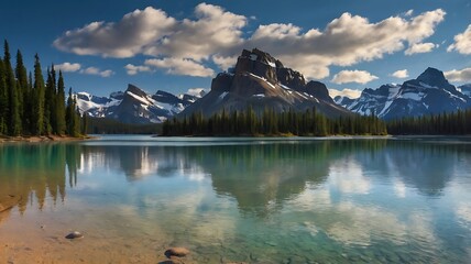  calm lake with snow-capped mountains reflected in the wate