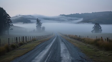Capture a misty road in the early morning, with fog enveloping the landscape and creating a mysterious and ethereal atmosphere.