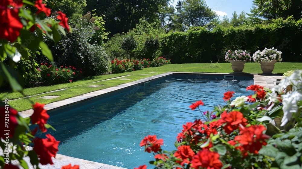 Poster Capture a serene swimming pool surrounded by red and white flowers, creating a harmonious and inviting space.