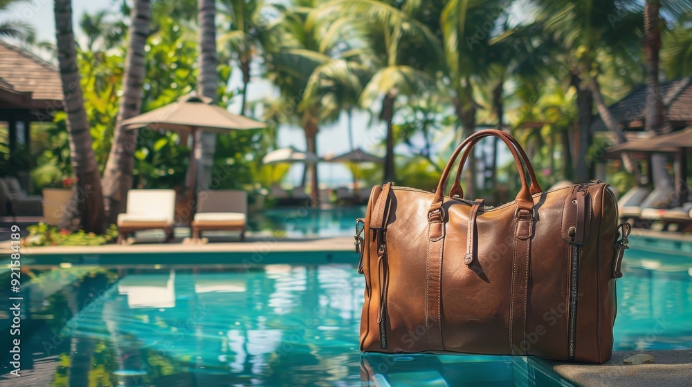 Poster Capture a travel bag at a tropical resort, with a sparkling pool and lush gardens in the background, ready for a luxurious vacation.