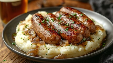 Close-Up of a Plate of Bangers and Mash with Rich Gravy