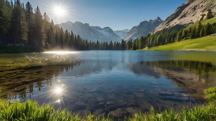 Fototapeta premium calm lake with snow-capped mountains reflected in the wate