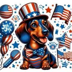 Patriotic Dachshund Wearing a Top Hat and Bow Tie for 4th of July