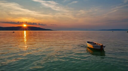 Naklejka premium sailboat is on a body of water with a sunset 