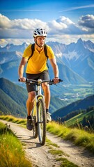 Fototapeta premium Young man white helmet yellow shirt black shorts riding bicycle mountain trail landscape mountains valleys clear sky
