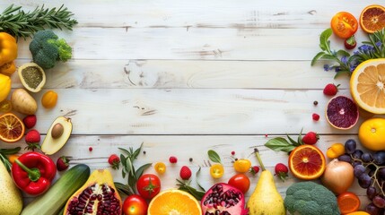Fresh Fruits and Vegetables on White Wooden Table