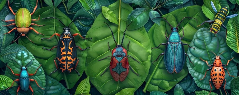 Various colorful insects on rainforest leaves, rainforest insect species variety, diverse arthropod life