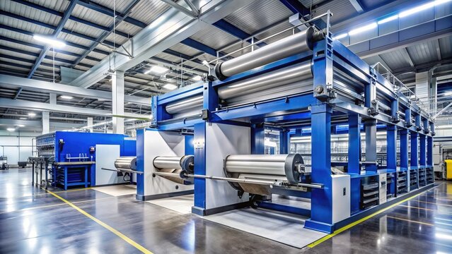 Modern web-fed printing press machine in action, producing high-speed commercial prints with precision rollers and advanced digital control systems in a factory setting.