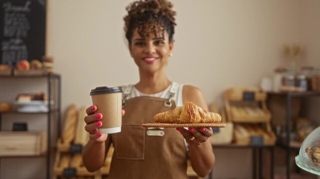 Woman holding coffee and croissant in bakery with shelves of bread in background