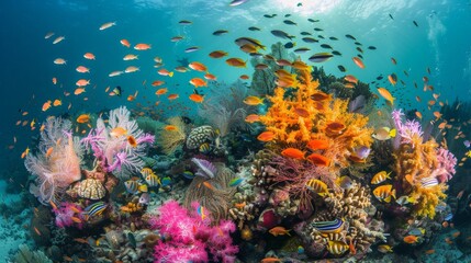 Naklejka premium Coral reefs teem with marine life, showcasing underwater biodiversity.