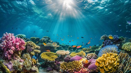 Coral reefs teem with marine life, showcasing underwater biodiversity.