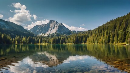 Fototapeta premium serene lake surrounded by tall pine trees 