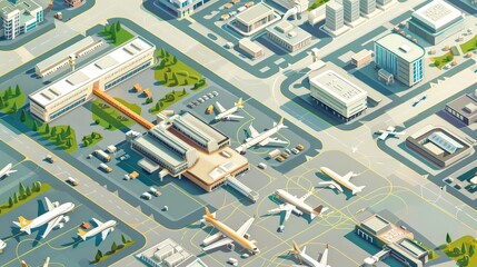 An isometric view of a city airport with terminals, runways, and surrounding infrastructure, illustrating the connectivity of the urban area.