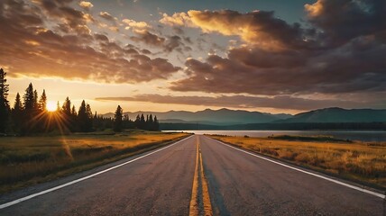 Obraz premium long, straight road with two yellow lines down the center leads to a bright