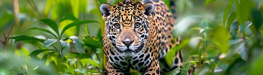 Jaguar stealthily moving through dense foliage, Amazon rainforest animal diversity, predator in natural habitat