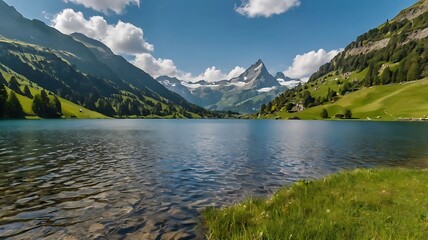 still lake with a snow-capped mountain in the background,