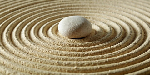 Zen stones stacked in concentric circles of sand symbolize balance, harmony and tranquility in a minimalistic and peaceful environment