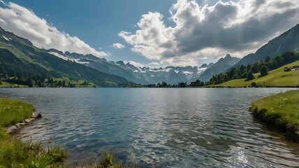 Fototapeta premium still lake with a snow-capped mountain in the background,