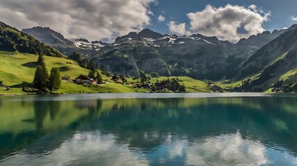 Fototapeta premium still lake with a snow-capped mountain in the background,