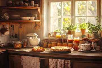 2. Cozy kitchen interior with antique wooden cabinets, sunlight pouring in, illuminating a table filled with golden-crusted pies and colorful jars of fruit preserves, creating a nostalgic atmosphere
